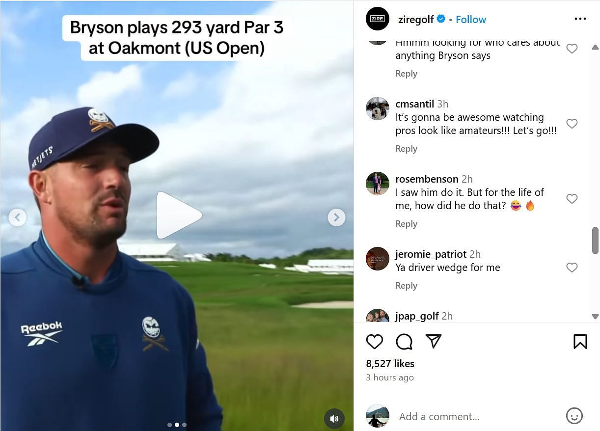 Fans comment under DeChambeau's play at Oakmont (Image Credit: via IG @Ziregolf)